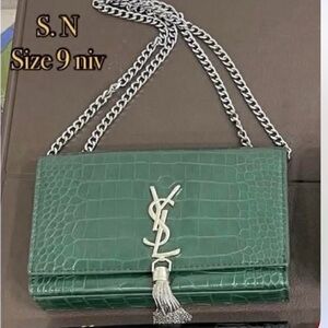 Saint Laurent Green Croc-Embossed Tassel Chain Crossbody